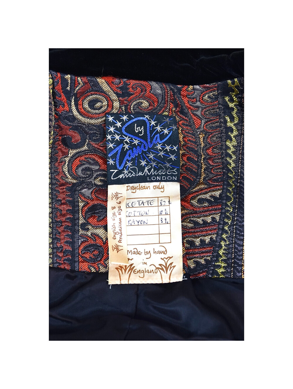 ZANDRA RHODES Rare '80s Jacquard Suit w/Velvet Lapels & Long Black Fringe, SZ SM - Picture 9 of 9